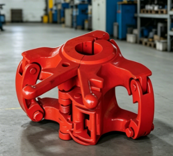 How does the DD double-opening crane secure the drill string?