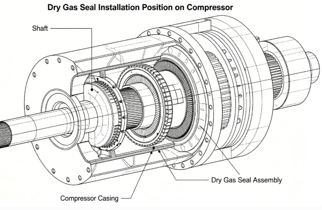 Where is the dry gas seal installed on a compressor?